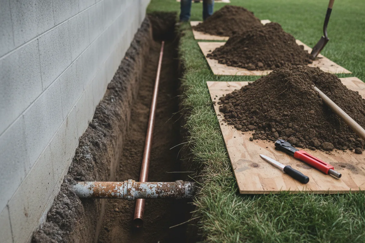 Excavated water line trench during Water Softener Installation in Callands